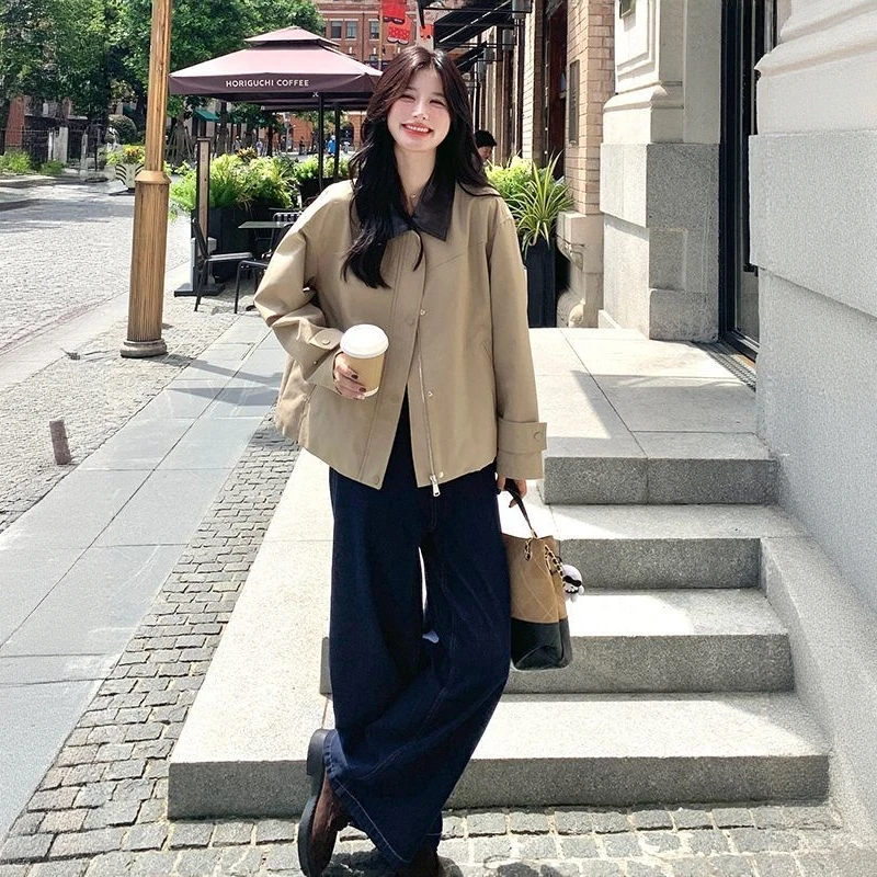 时尚减龄休闲百搭Polo领短款工装外套女秋季新款宽松显瘦长袖上衣