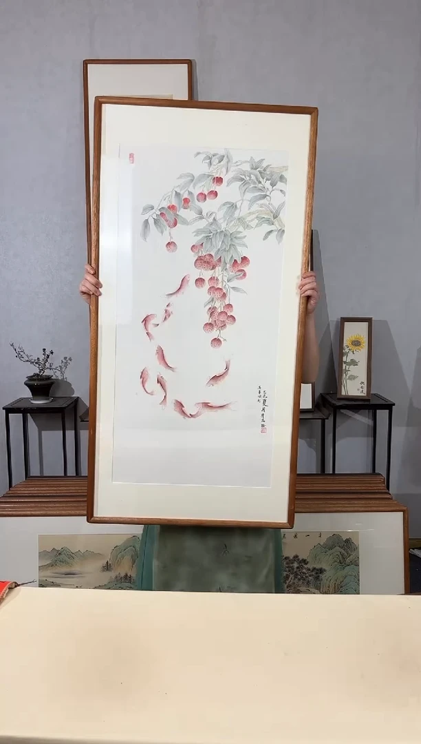 国画手绘*万事顺利（九鱼图）*62*122cm带框发货