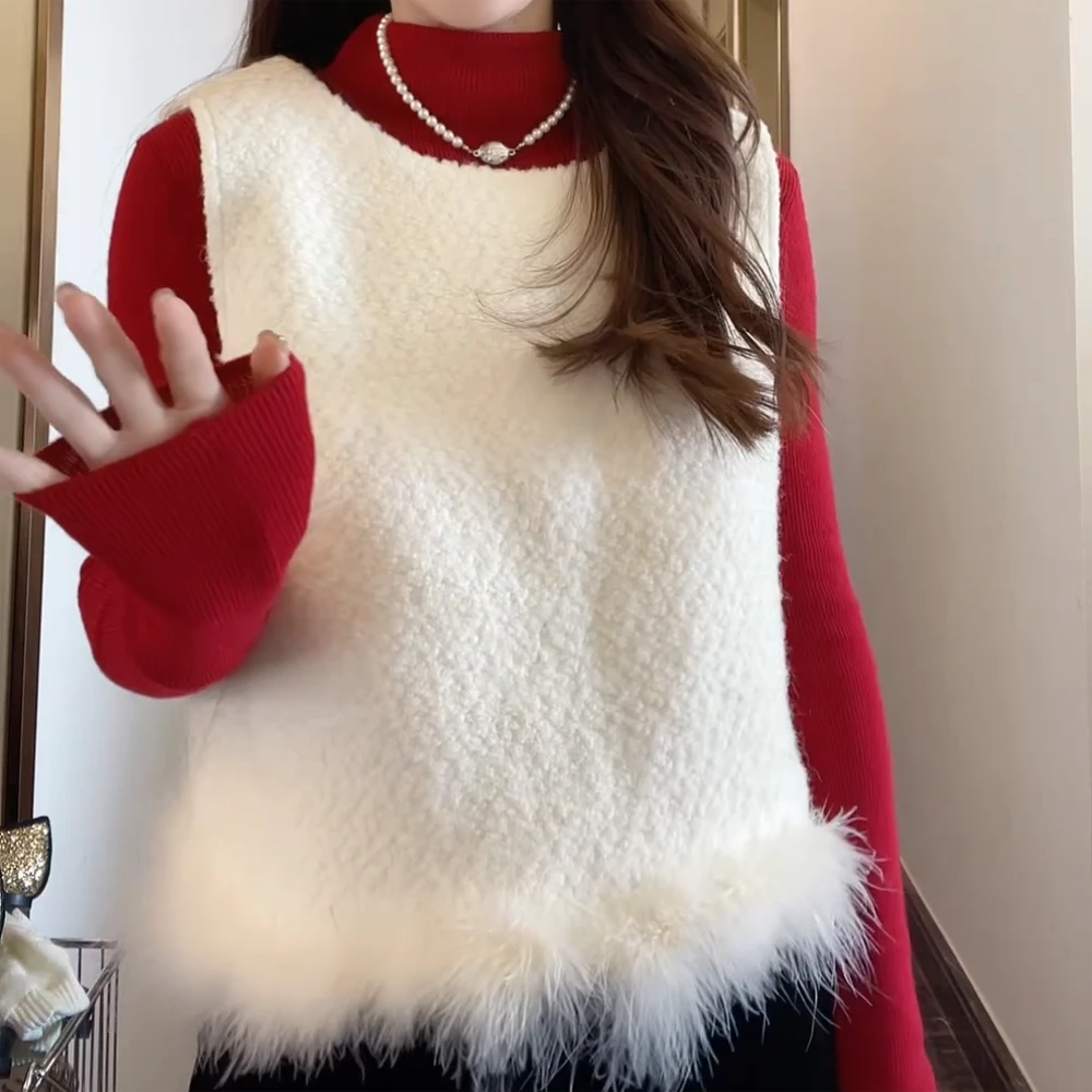 新春过年穿搭绒绒毛毛马甲背心女冬季宽松白色上衣套头外穿网红
