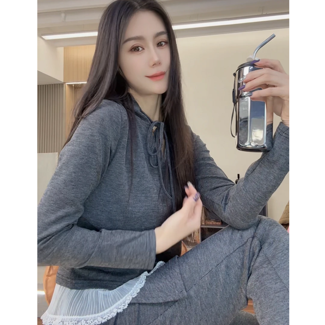 PINSHANGXIBAO/品尚喜宝显瘦时尚运动休闲百搭灰色连帽蕾丝套装