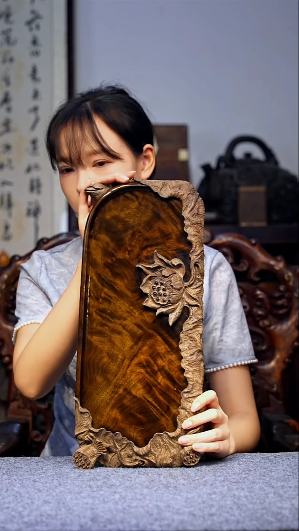 金丝楠【50】小叶金丝楠精品花纹重工雕刻茶盘