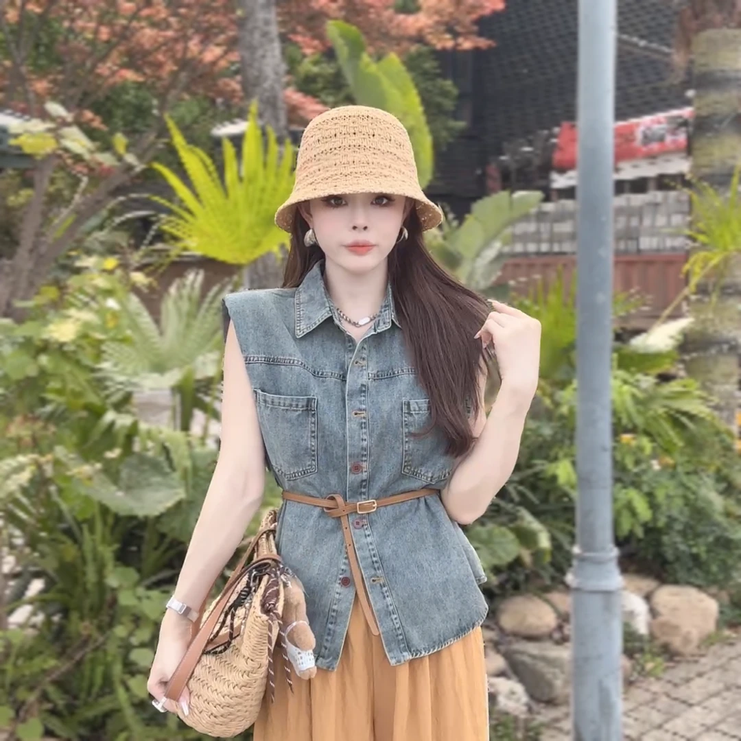 【晓溪服饰】春夏新款轻熟风宽松时尚少女风无袖牛仔衬衣6160