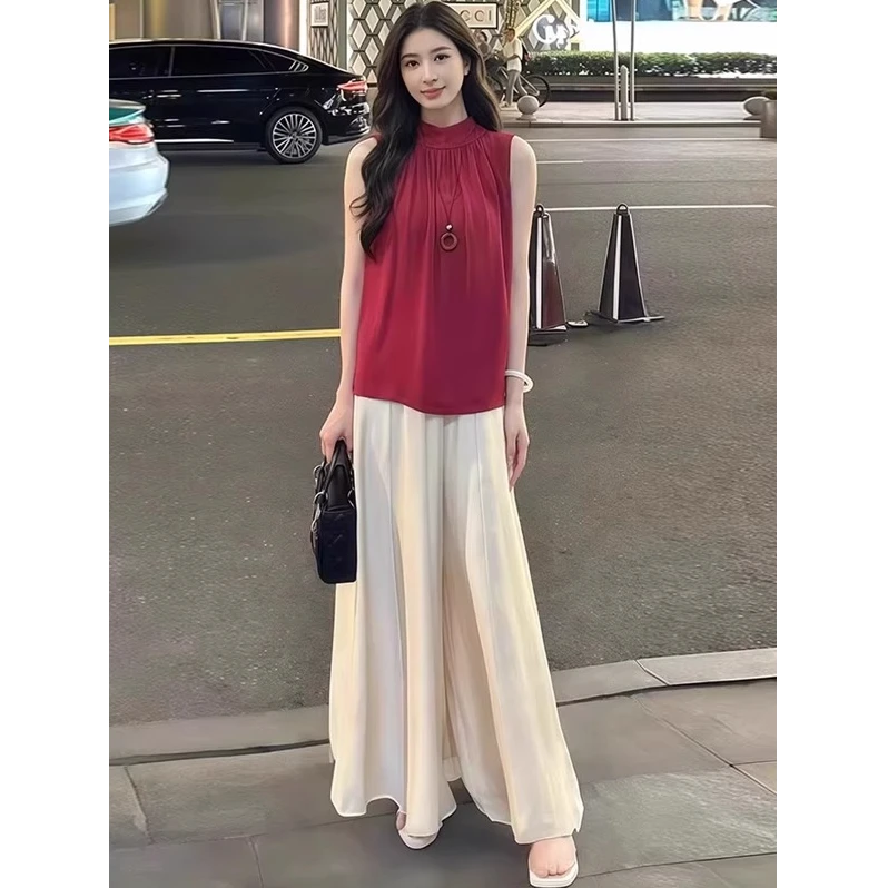 时尚套装女2025夏季新款洋气显瘦无袖衬衫上衣阔腿裤裙减龄两件套