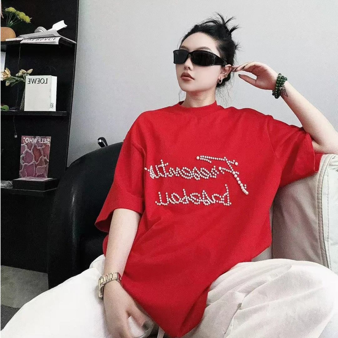 重工款泡珠字母高街短袖T恤潮