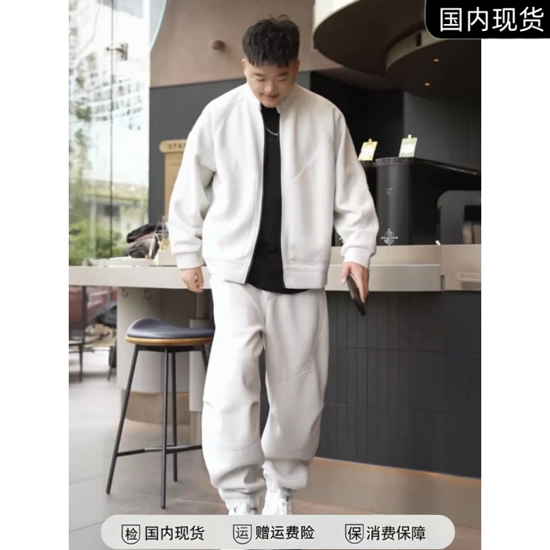秋冬季重磅加绒加厚休闲运动套装男士简约百搭开衫卫衣卫裤两件套