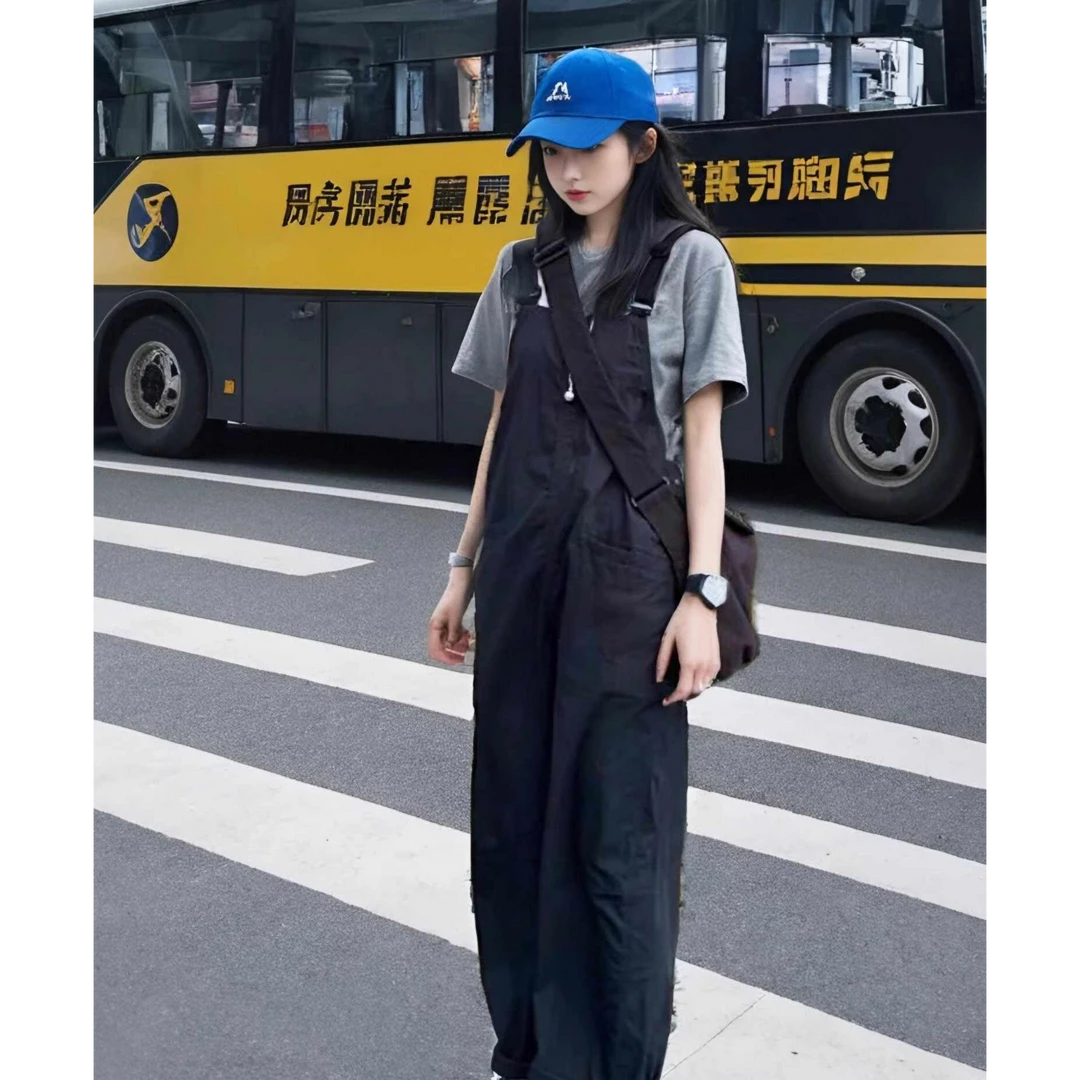 藏青色工装背带裤女春秋爆款复古小个子显瘦休闲直筒连体裤FYP371