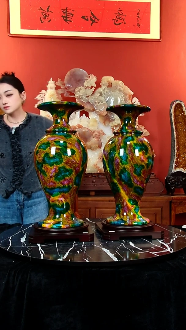 用****5家居摆件七彩玉花瓶一对11111