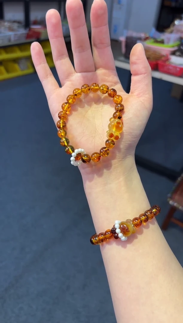 手链琥珀未镶嵌 9mm花珀蜜蜡熊单圈