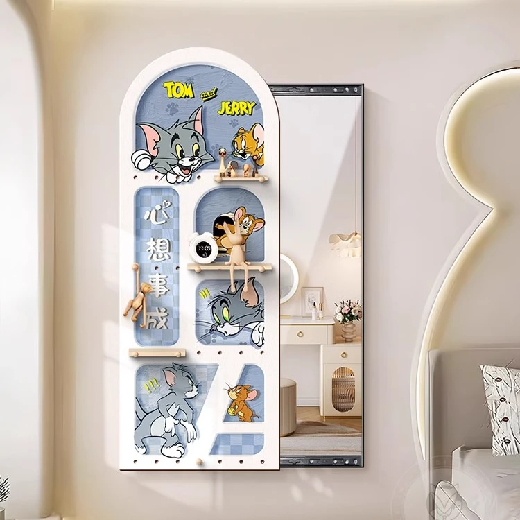 猫和老鼠玄关镜子装饰画洞洞板隐形推拉穿衣镜奶油风全身镜壁挂画