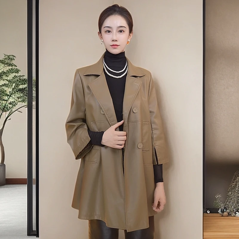 新品2025首发海宁正品皮衣简约双排扣中长款百搭女士皮衣
