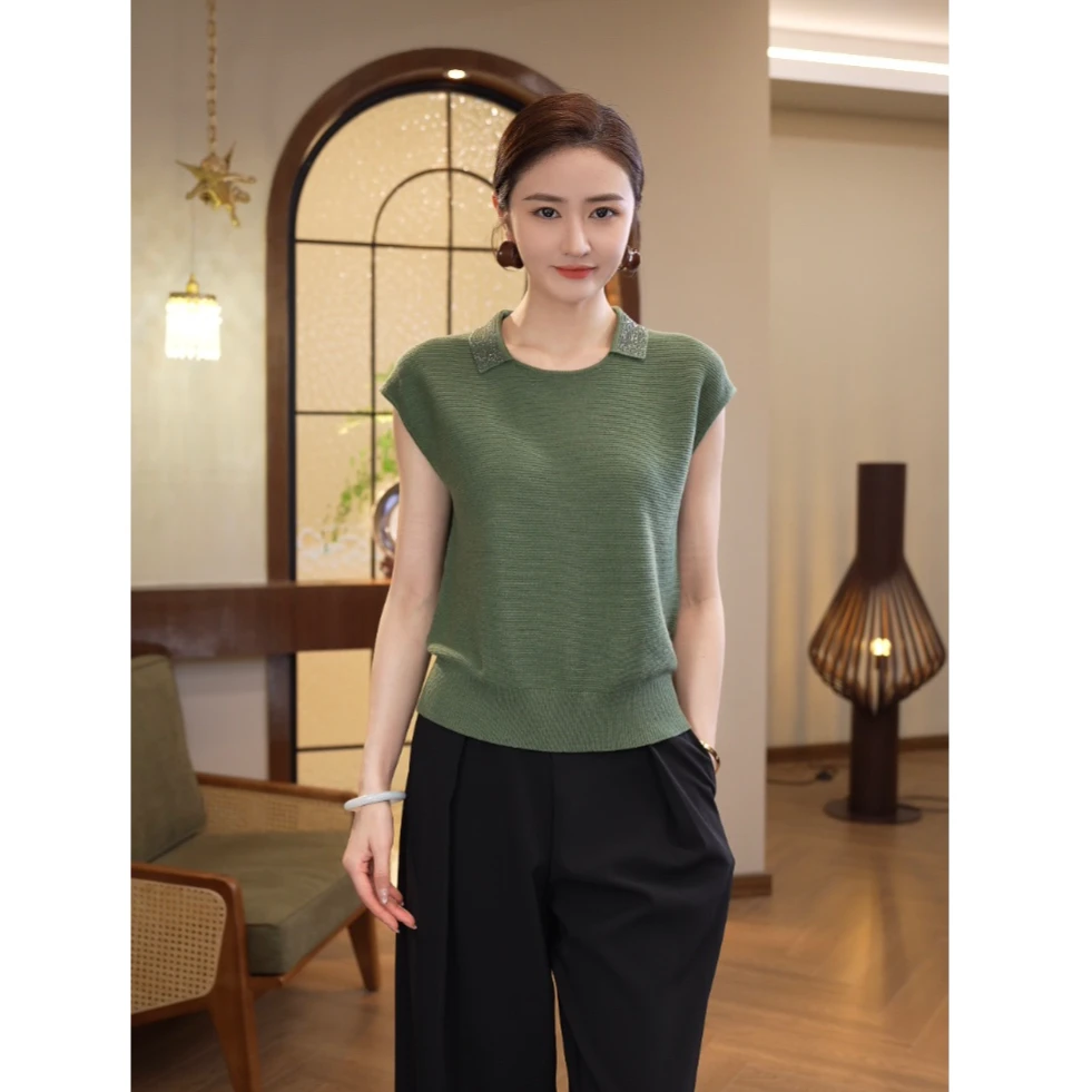 唐熹2025夏新款【7280】轻奢时尚洋气冰感绵羊毛绿色烫钻圆领上衣女