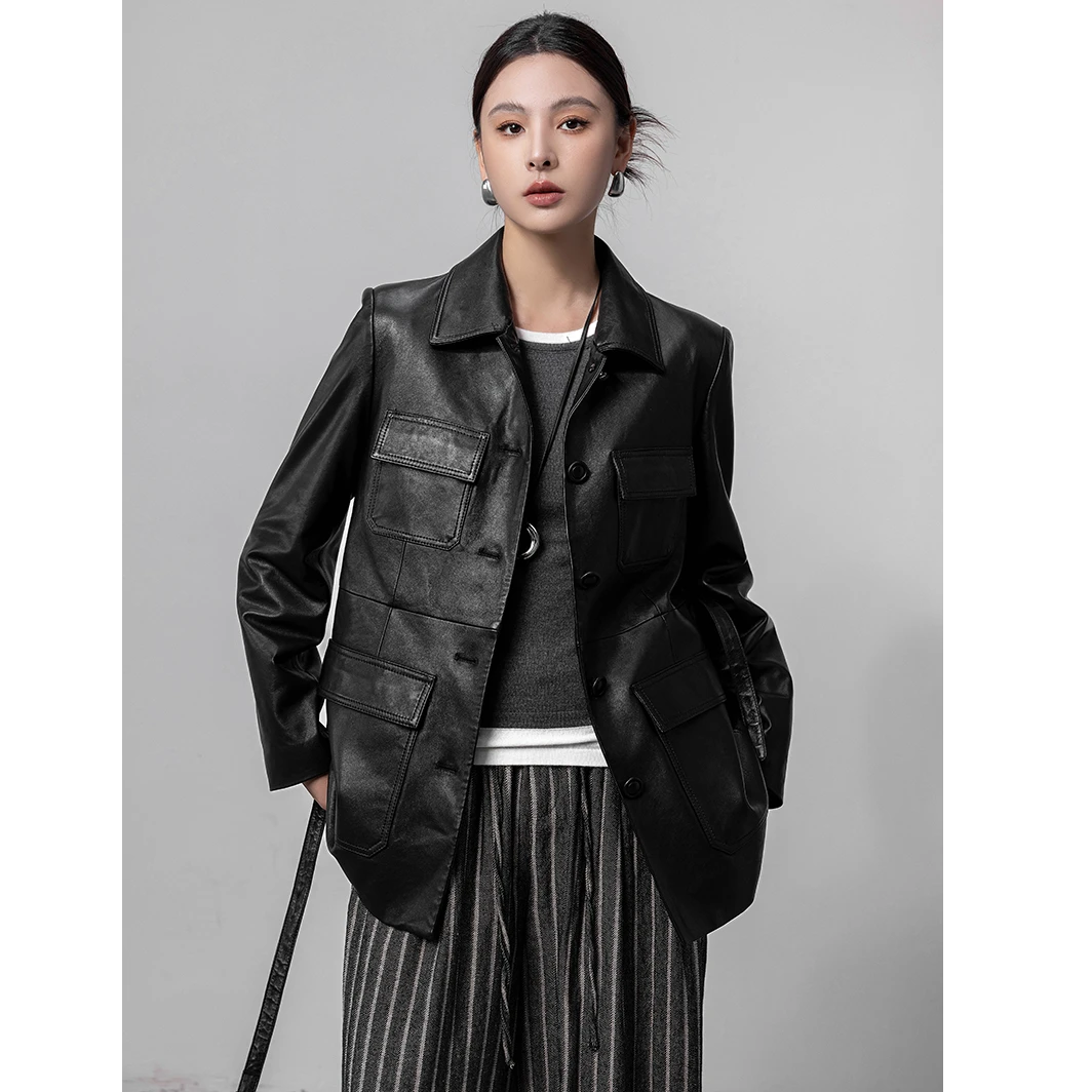 2025新款真皮羊皮风衣收腰减龄翻领中长款显瘦外套女