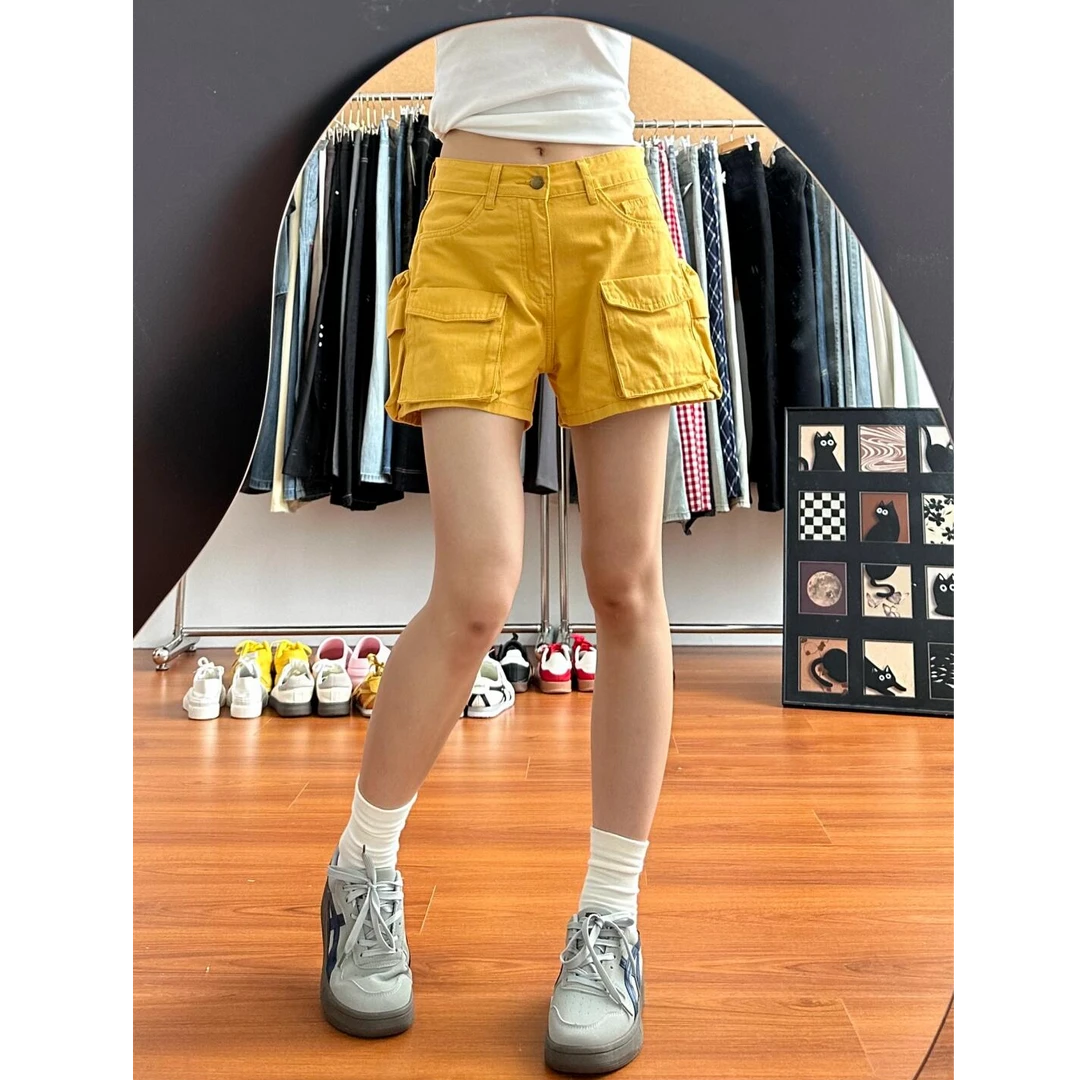 柠檬黄多巴胺工装牛仔短裤女夏季新款宽松阔腿多口袋三分裤高腰
