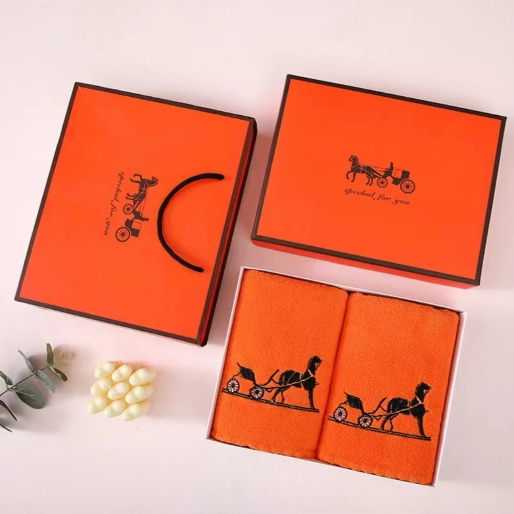 【轻奢刺绣毛巾礼盒】爱马橙两条装柔软毛巾