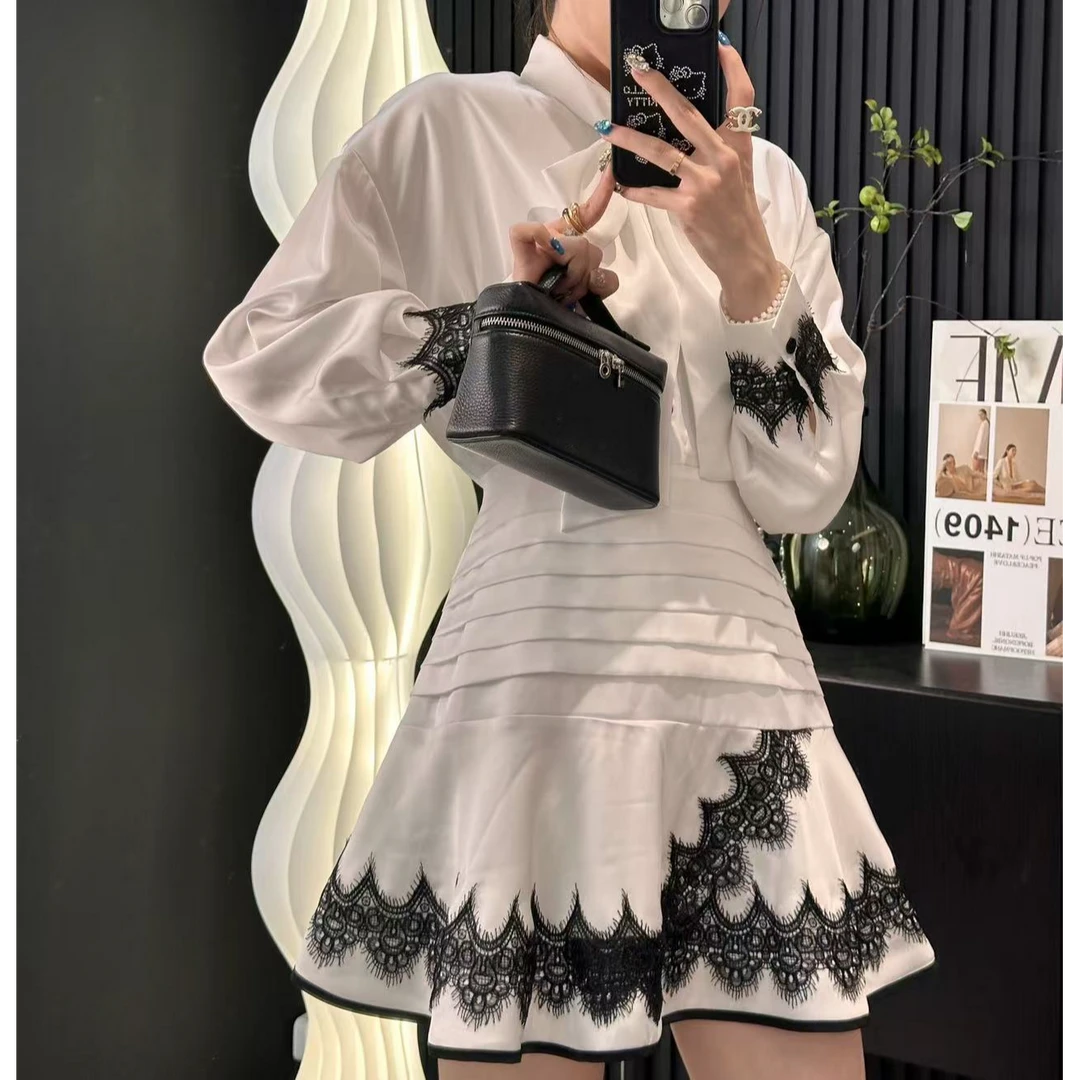 TongTong女系 法式高奢蝴蝶围巾领高腰千层酥显瘦连衣裙