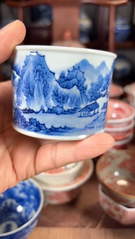 柴窑青花山水融天杯杯