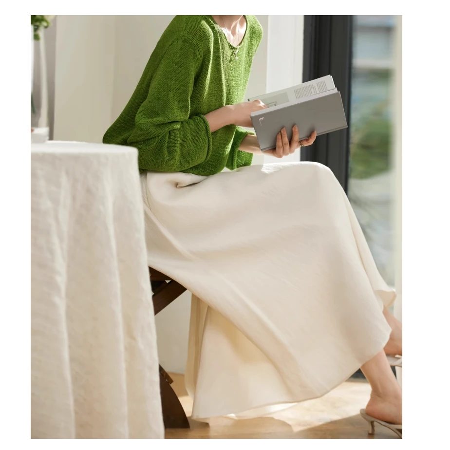 笑涵阁25春季 天丝亚麻气质通勤佰搭松紧腰半身裙 QZE780451MG#