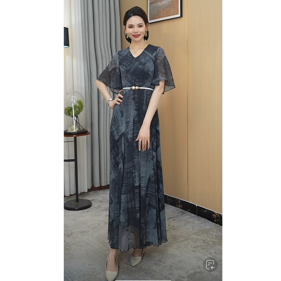 裙舞蔓【隽远东方】灰色大摆裙夏款极简短袖收腰轻奢显瘦气质长裙