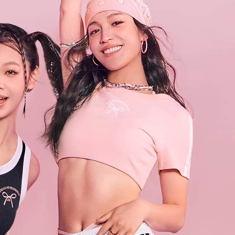 adidas/阿迪达斯欧若风蝴蝶结运动休闲修身粉色短款短袖T恤JY7650