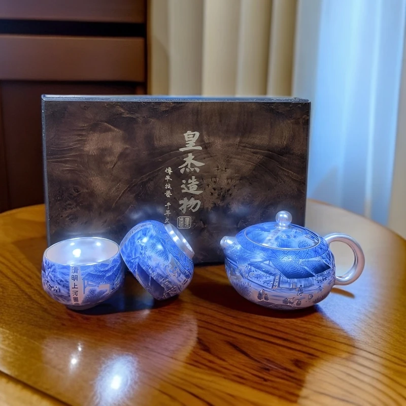 周鸿杰-清明上河图礼盒(一壶两杯)ZH058蓝色复古家用陶瓷鎏银中式