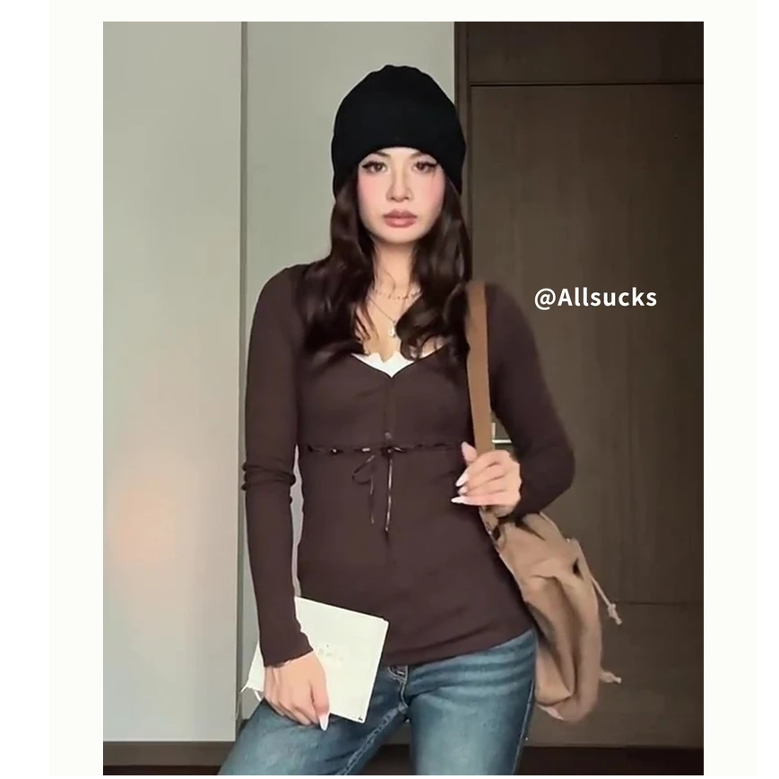 Hollister25秋新款美式Y2K甜辣修身亨利领长袖T恤女装339-5194