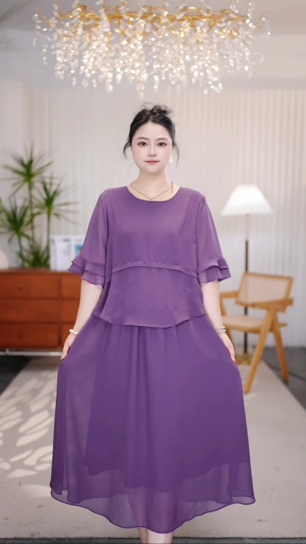 A字裙紫色圆领式夏季连衣裙气质法式裙子轻熟风SXE-24-088