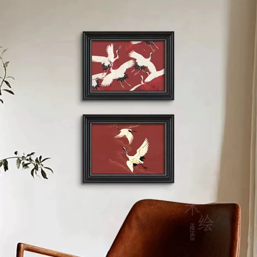 中古风轻法式客厅装饰画新中式仙鹤国画艺术壁画餐厅墙红色4060