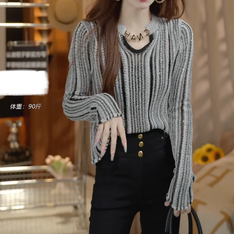 2025新款设计感韩版修身百搭坑条长袖套头针织上衣LK2506009