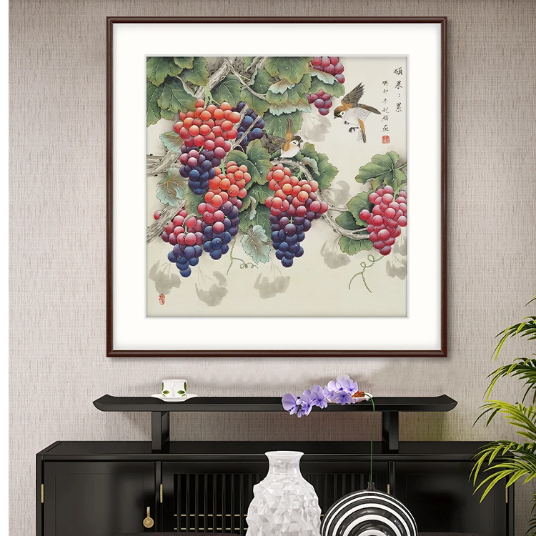 新中式餐厅挂画绘画葡萄工笔画硕果累累玄关装饰画电表箱遮挡壁画