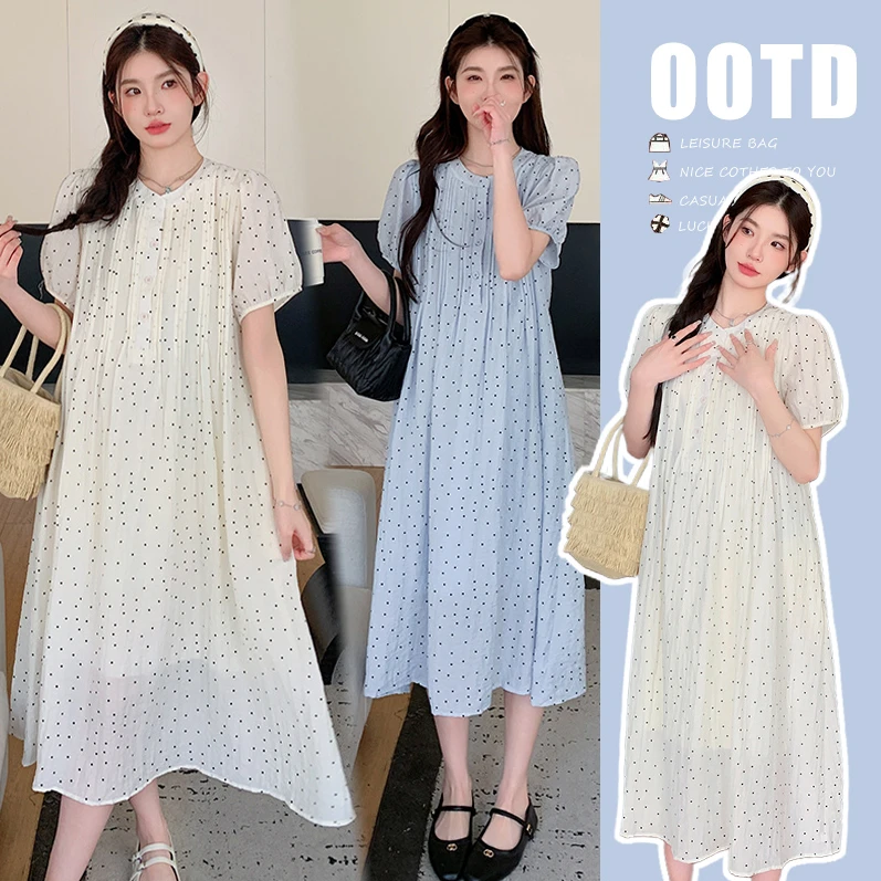 时髦孕妇装新款2025夏季新款设计感小清新显瘦波点时尚显瘦连衣裙
