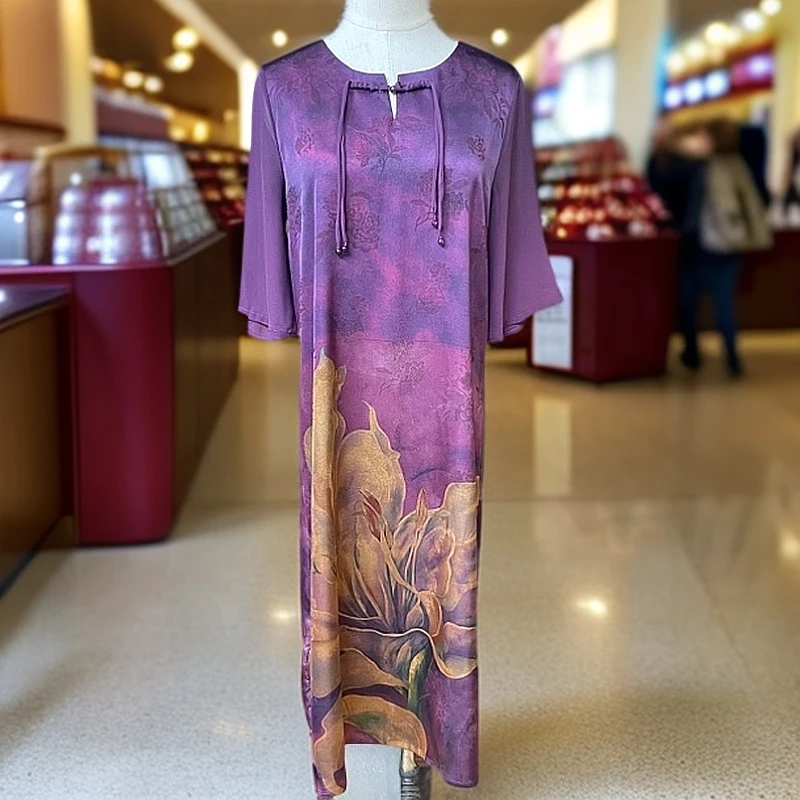 2111紫色百合花重磅提花国风复古圆领中长款时尚显瘦连衣裙印花