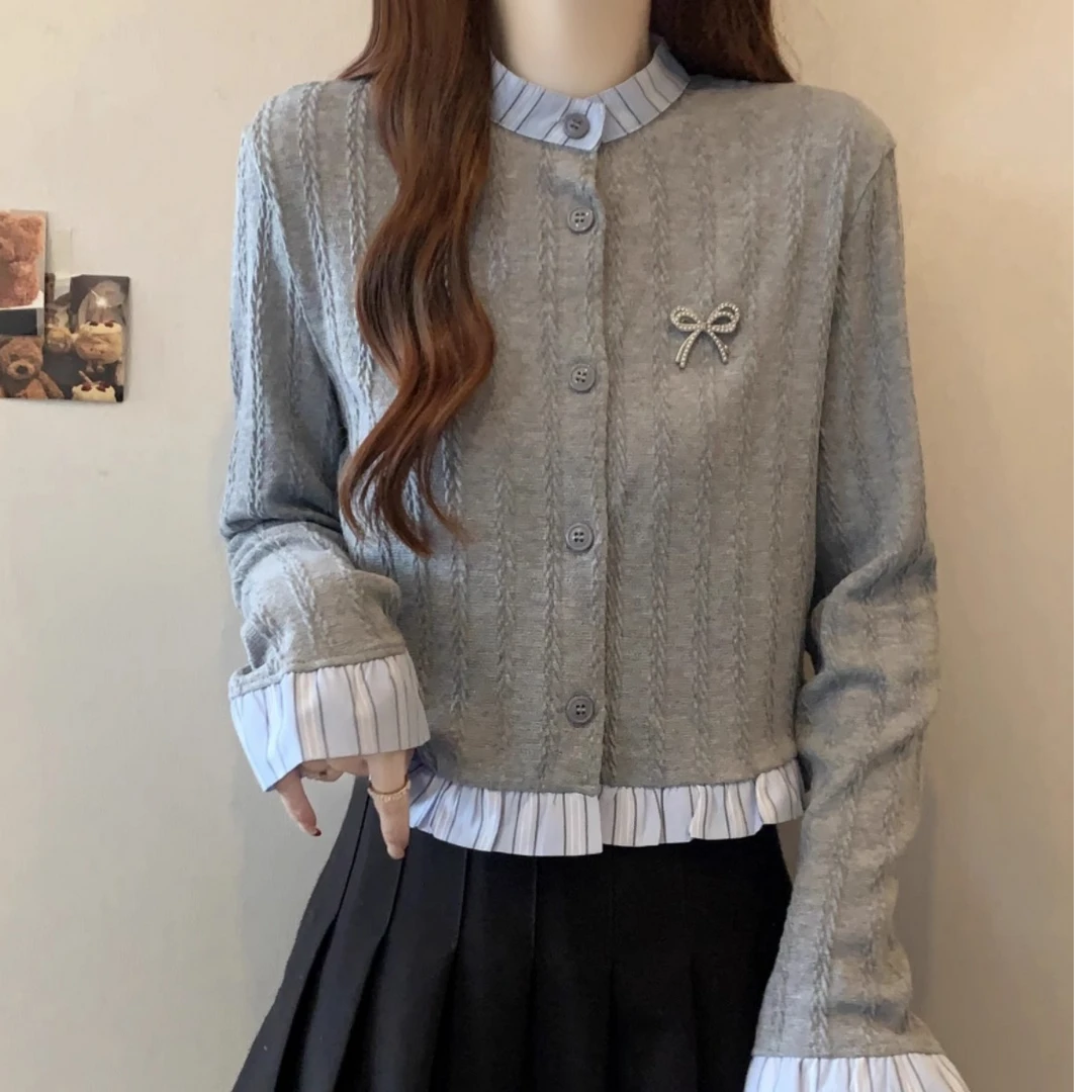 新款休闲复古长袖针织开衫外套女秋季荷叶边小衫胖MM遮肉显瘦上衣