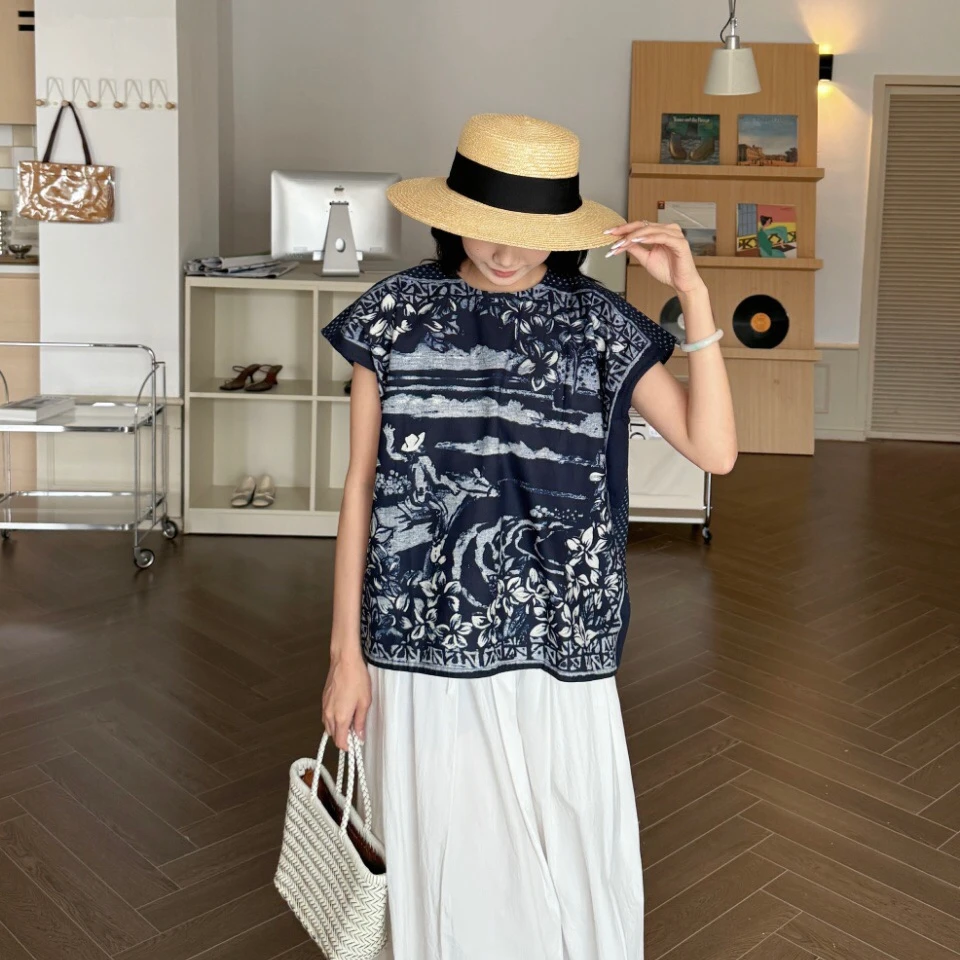 夏季新款短袖水墨宽松型印花T恤国风宽松0g显瘦休闲风蓝色扎染