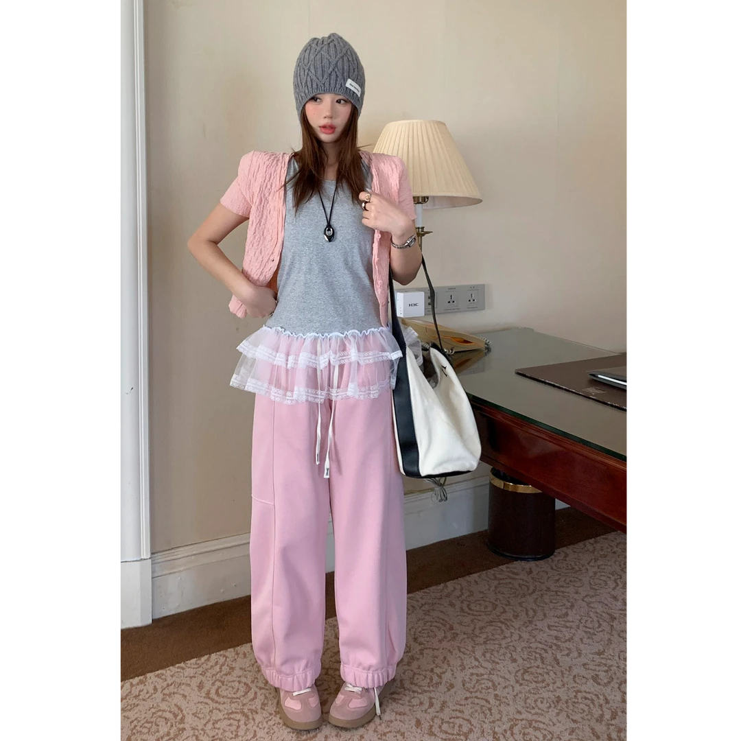 鸡蛋家韩版宽松休闲高腰运动裤弯刀裤