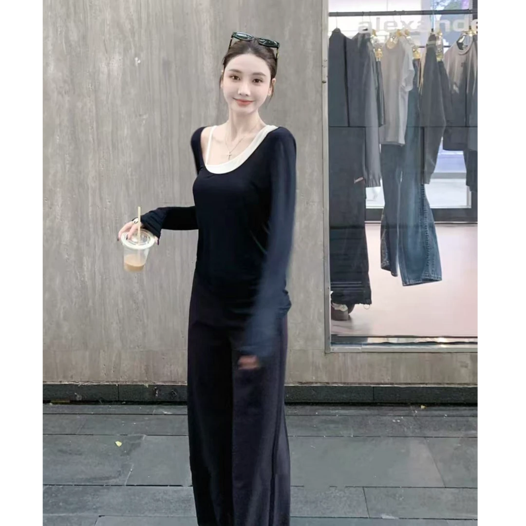 早秋不对称路肩假两件U领修身长袖T恤上衣女高腰直筒百搭长裤套装
