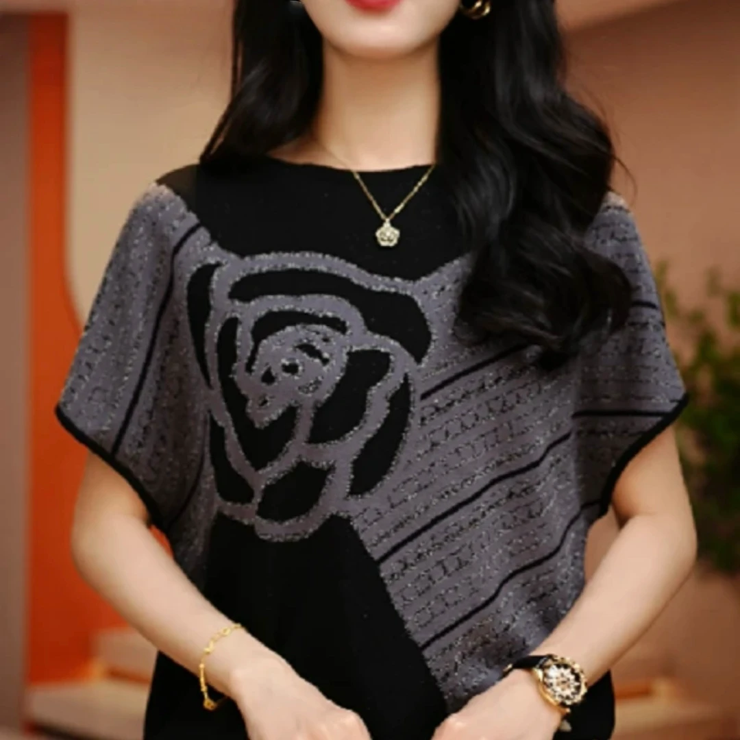 高端时尚山茶花提花针织衫女2025夏季新款宽松显瘦减龄妈妈上衣