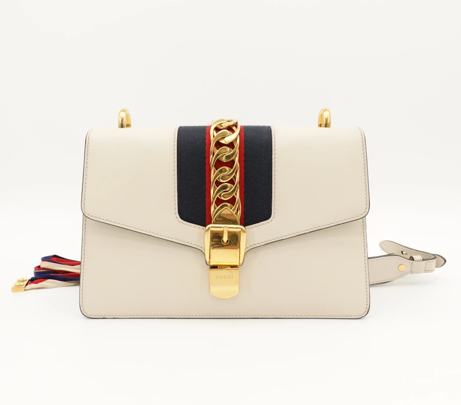 95新 GUCCI/古驰 GGS古驰塞尔维亚中号白色金扣牛皮78484048