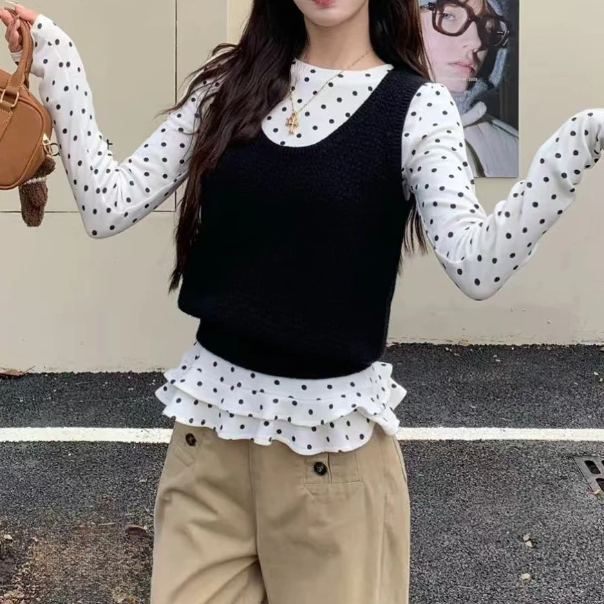 婷婷家纯欲波点上衣两件套长袖打底衫女秋针织马甲背心套装➕裤子