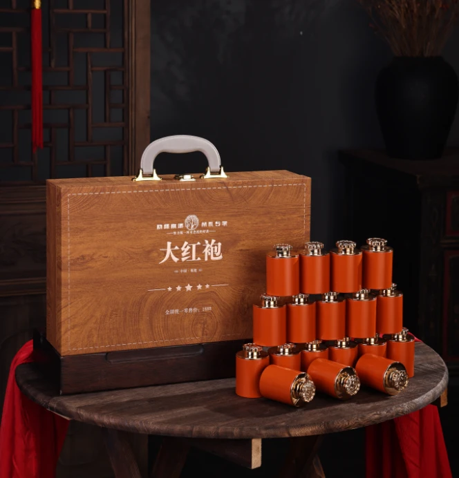 高端茶礼武夷山大红袍18小罐木纹手提礼盒装