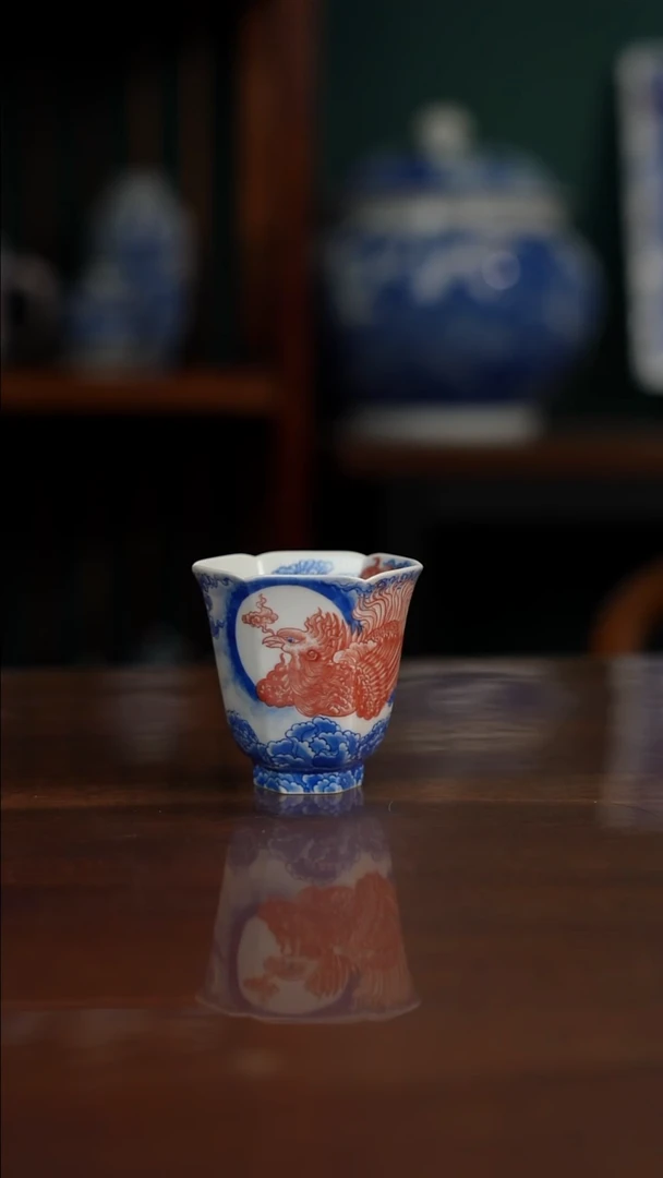 自成堂柴窑 青花釉里红凤 六方杯