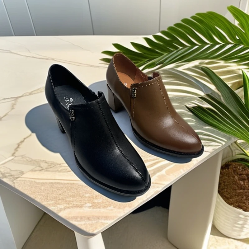 OZHAS真牛皮女鞋时尚百搭粗跟