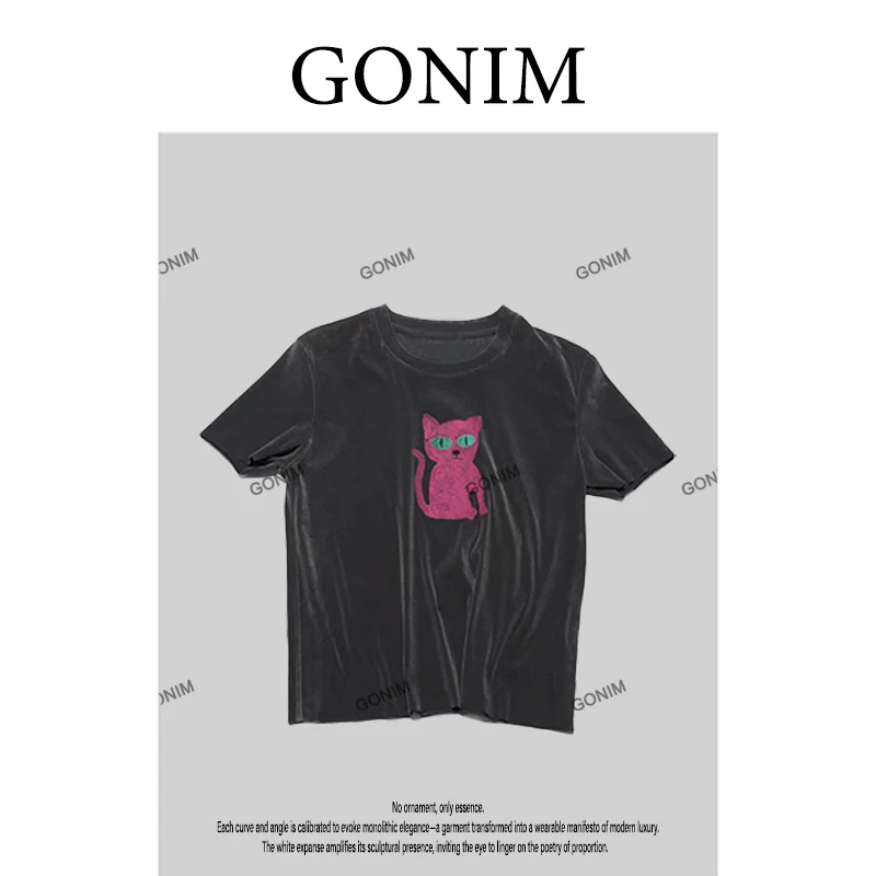 Gonim· “大眼萌猫1”2025春夏新款时尚气质轻奢百搭小猫短袖T恤
