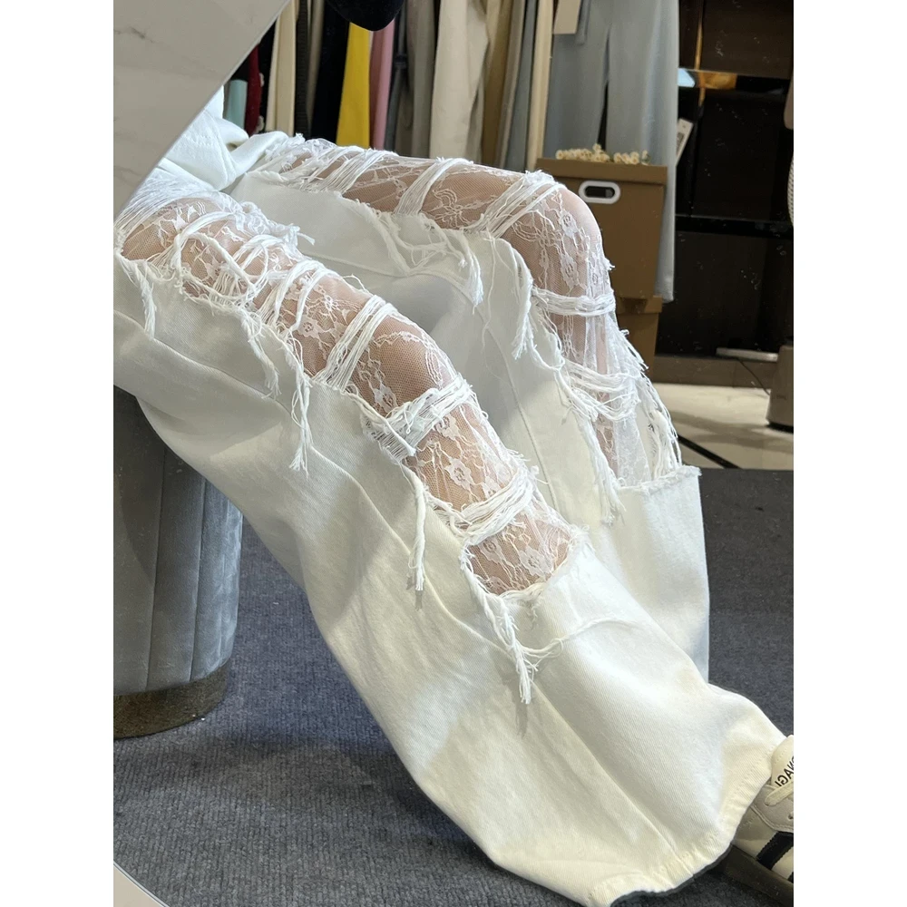 美式蕾丝拼接高街破洞直筒牛仔裤女2025新款小众宽松显瘦阔腿裤子