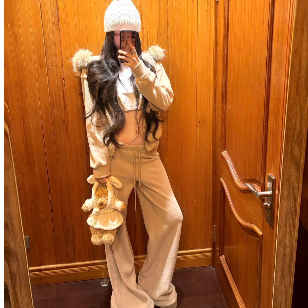 气质显瘦洋气休闲百搭时尚套装性感辣妹连帽外套宽松长裤短款打底