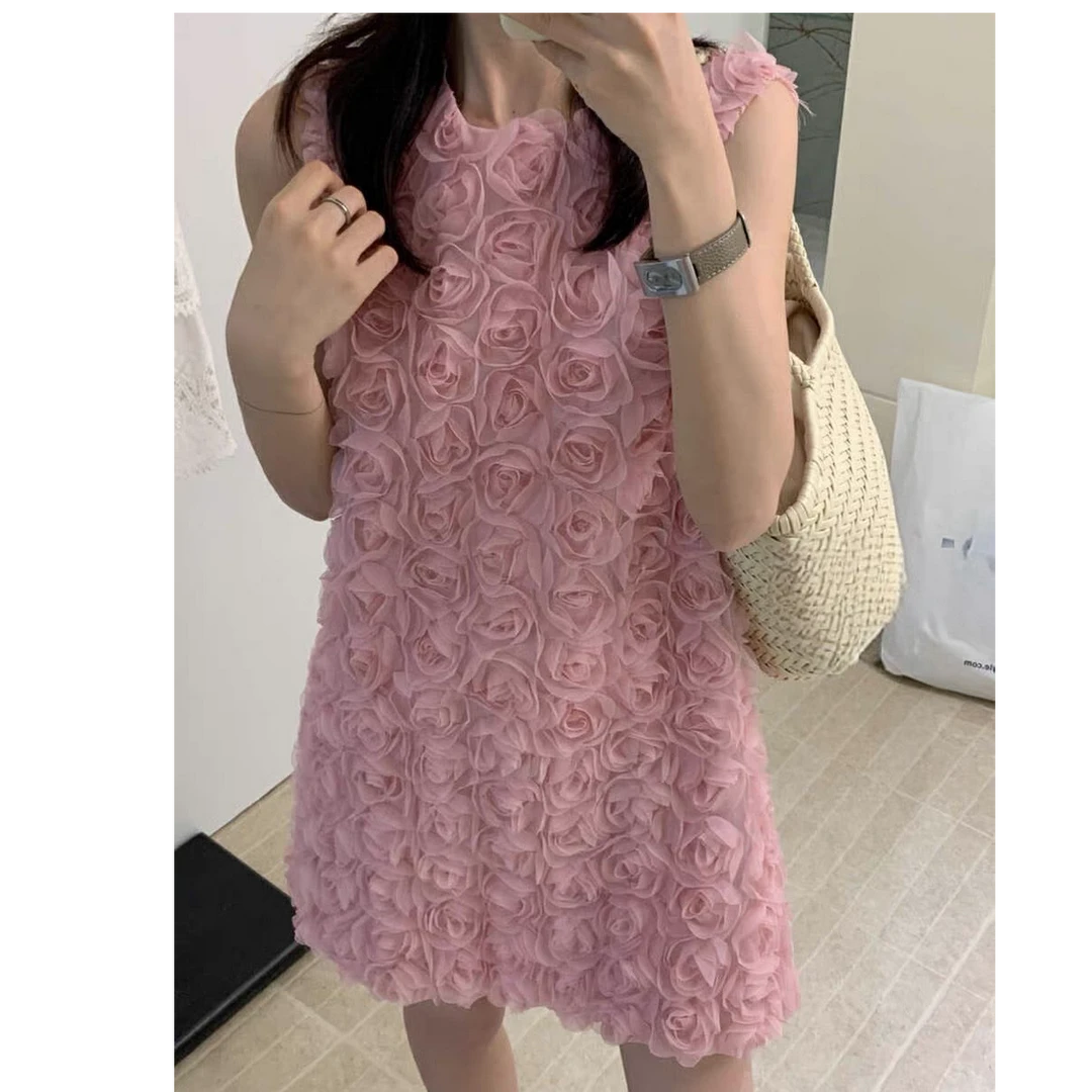 2025夏季新款法式独特立花朵玫瑰花甜美减龄小个子背心连衣裙
