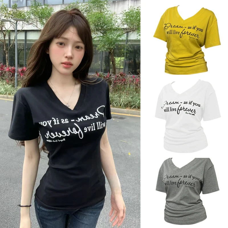 字母短袖T恤女2025新款显瘦遮肉辣妹V领夏季百搭韩版上衣6803