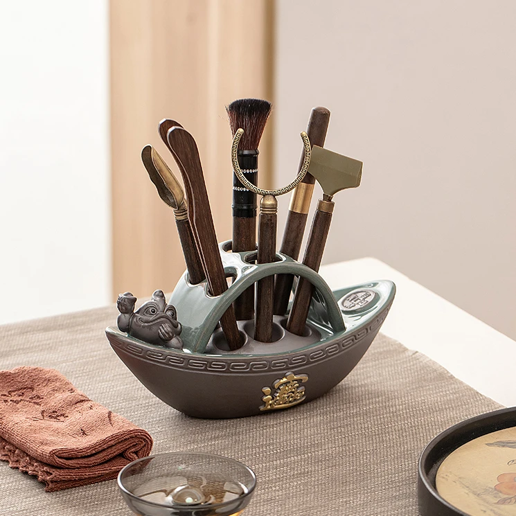 创意元宝茶道六君子黑檀木茶夹配件功夫茶具用品陶瓷茶筒泡茶工具