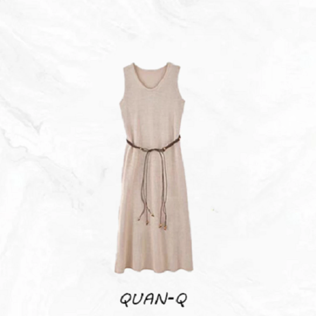 QUAN-Q【圣托里尼】优质进口和纸纱驼色无袖针织连衣裙5477A
