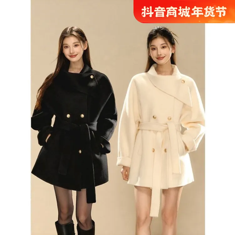 千金仿羊毛毛呢外套2024冬季新款金扣细带中长款双面呢大衣