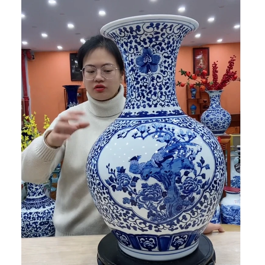 鸿轩景德镇陶瓷花瓶客厅家居摆件大号双面开窗青花锦鸡赏瓶